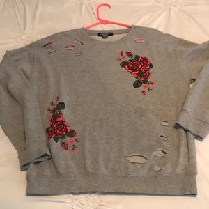 Gray with roses distressed sweater